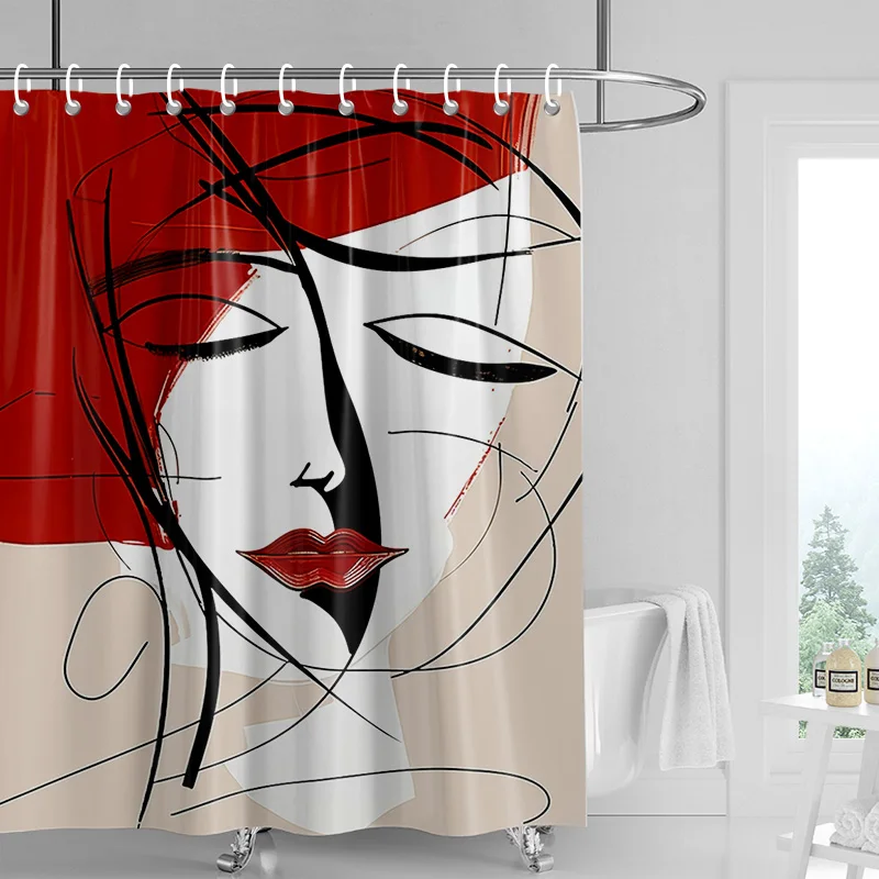 Abstract Female Face Shower Curtain - Vivid Red Hair, Black-Lined Features, High-Quality, Waterproof, Modern & Stylish