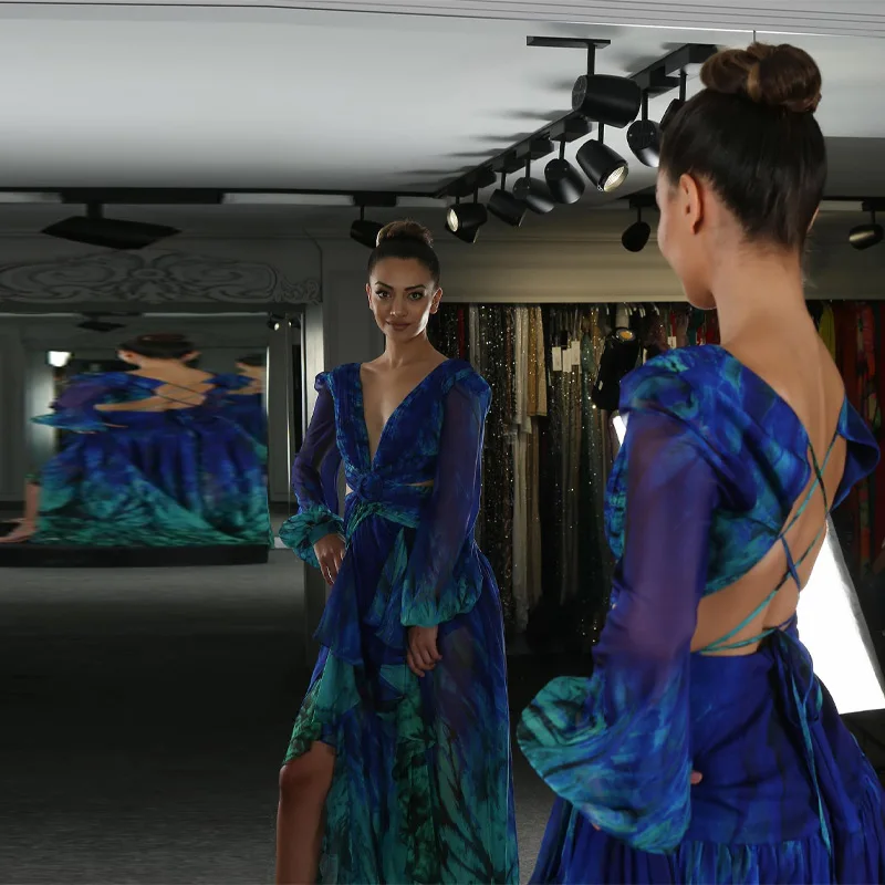 Frauen Trend Romantische Maxi Kleider Lange Ärmeln Tiefem V-kleid Rock Tie-dye Ausschnitt Sheer Chic Kleider Party musik Festival Roben