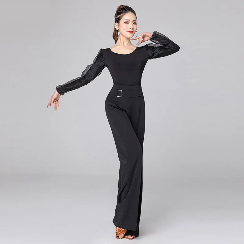 2025 pantalones de pierna recta de cintura alta para mujer, trajes de baile latino, pantalones de baile modernos de salón, ropa de práctica de baile de Tango DQL11669