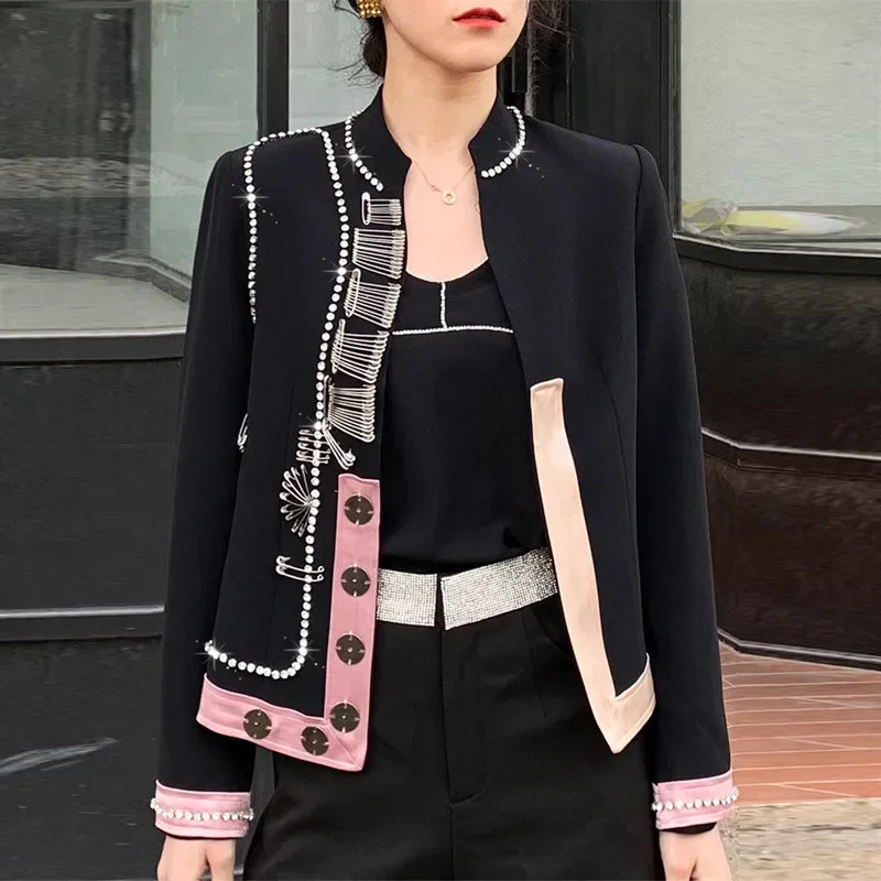 

All Season New Fashion 2024 Runway Women's Jackets and Coats Full Sleeve Buttons Diamonds Patchwork Pin Black Blazer Outerwear