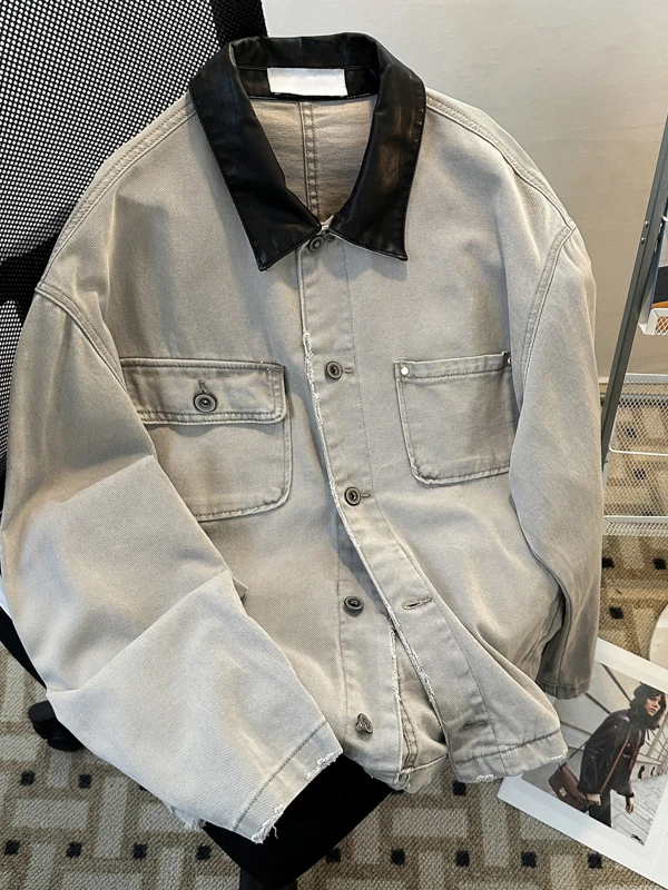 

Мужская джинсовая куртка из искусственной кожи с воротником в стиле пэчворк, весна-осень, свободный крой, трендовый винтажный дизайн, повседневный топ