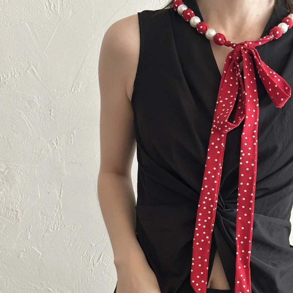 Boho Vintage Style Pearl Necklace Scarf Ribbon Adjustable Waist Chain Sweet Hair Band Polka Dots Scarf Beach