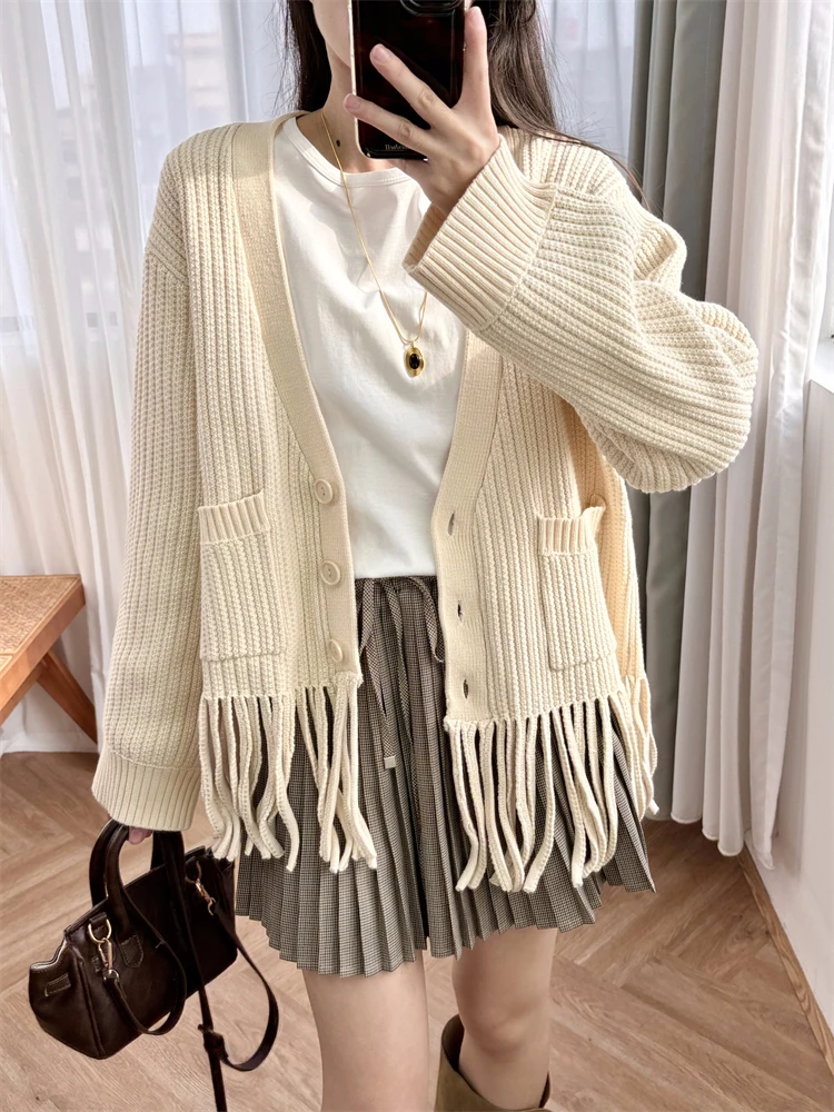 Light Brown Fringe Edge Cardigan V-neck Knitted Jacket for Women,lazy,loose and Casual,S Home 2024 Winter New Item Sweater Women