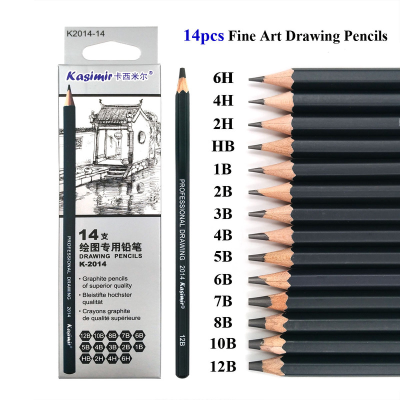  14pcs Professional Wooden Pencils Graphite Drawing Sketching Pencils Office School Supplies 12B 10B 8B 7B 6B 5B 4B 3B 2B 1B HB 