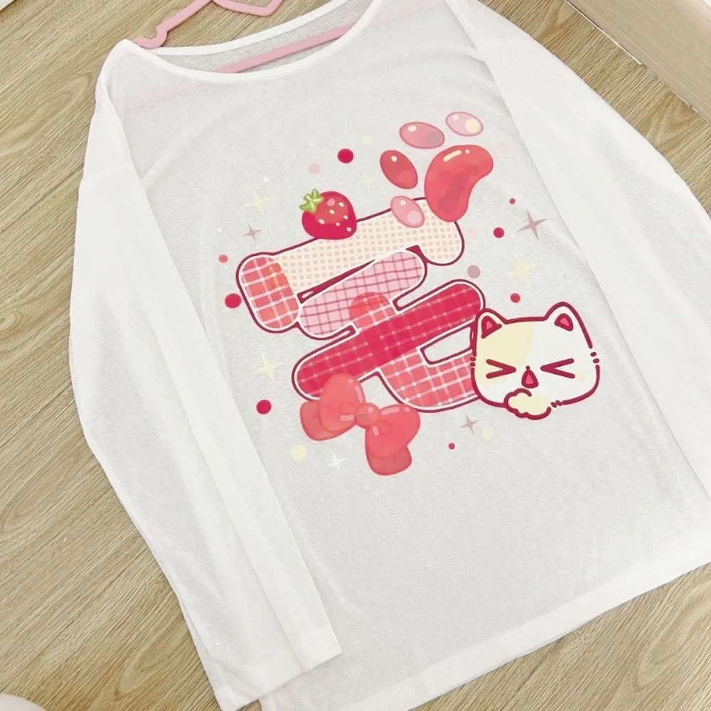Japanese Sweet Cartoon Strawberry Print Women T-shirt Loose Casual E-girl Thin Sunscreen Tops Y2k Cute See-Through Lolita Tees
