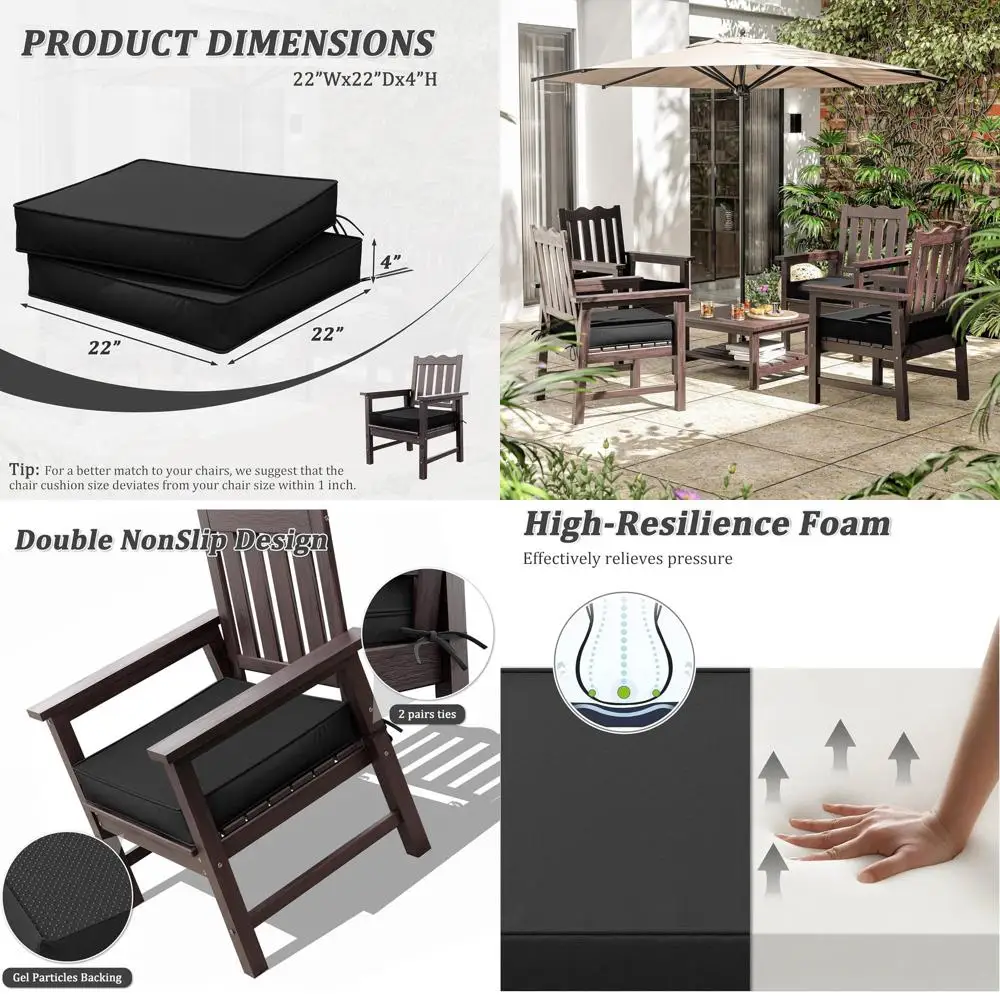 

Набор из двух подушек для уличного патио, 22x22x4 дюймов, водонепроницаемых и устойчивых к выцветанию, с ручкой и регулируемыми ремнями