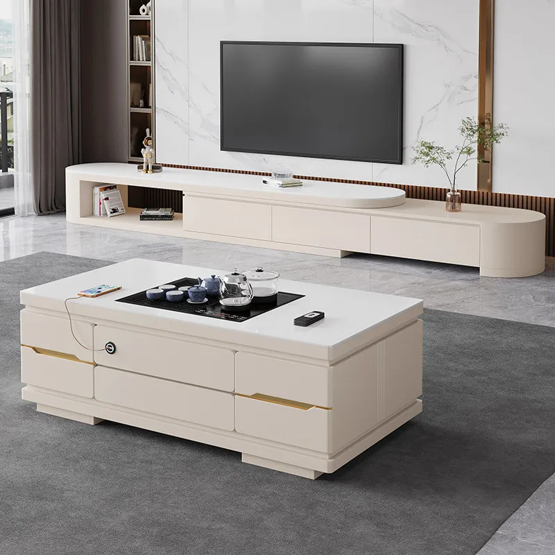 Rock slab lifting Kung Fu tea table living room household small apartment smart tea table TV cabinet voice solid wood dual-