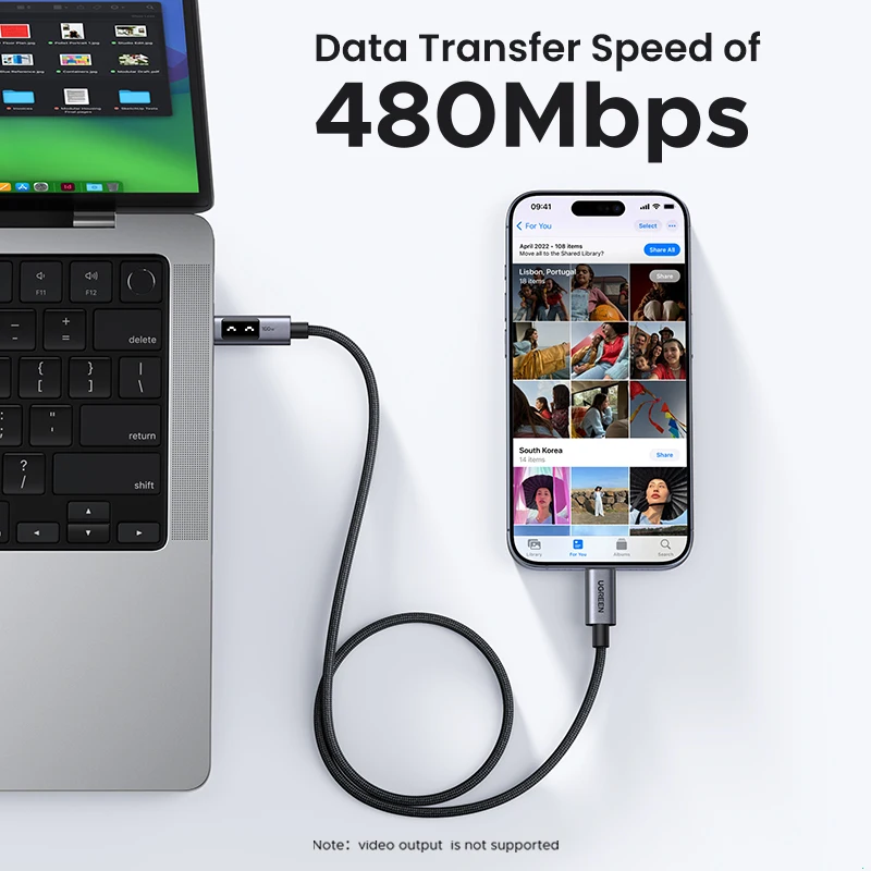 Cable UGREEN UNO PD100W carga rápida USB C para iPhone 17 16 15 tipo C a tipo C para Samsung Xiaomi MacBook 5