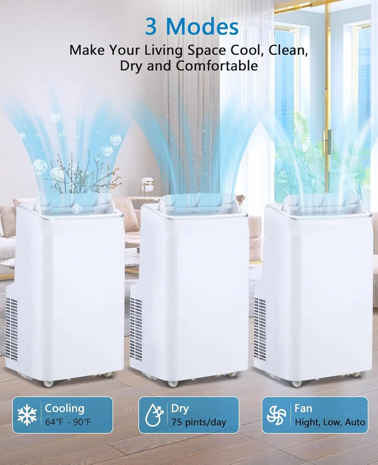 เครื่องปรับอากาศพกพาสำหรับห้องสูงถึง550ตารางฟุต12,000 BTU 3-in-1หน่วย AC พร้อมเครื่องลดความชื้นและพัดลมทำความเย็นด้วยความเร็ว3ระดับ