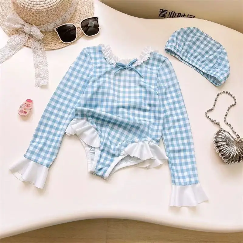 New Summer Girls' Sun-Protective Baby Long-Sleeve Plaid One-Piece Swimsuit view 2