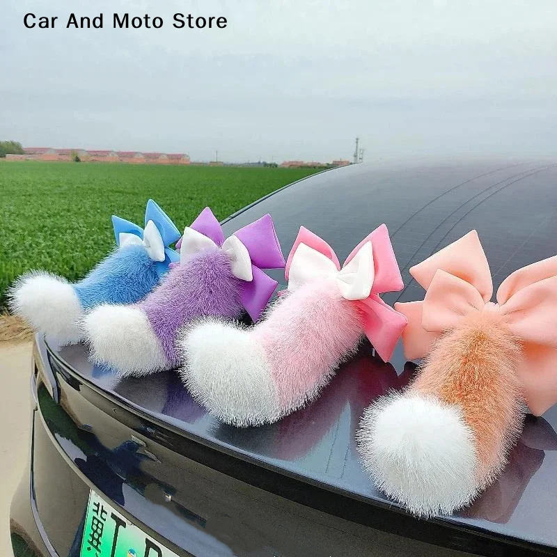 【CMO】Fluffy Plush Car Tail Decoration Cute Bow Soft Touch Multiple Colors Car Exterior Styling Auto Accessories For Girls