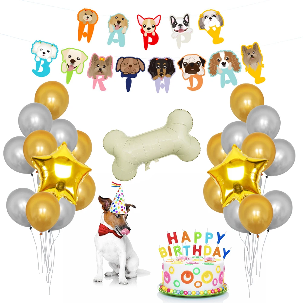 

24 Pcs Dog Birthday Decoration Set Aluminum Foil Balloons Happy Banner Party Supplies Pet Theme Balloon Dog Paw Print Photoshoot