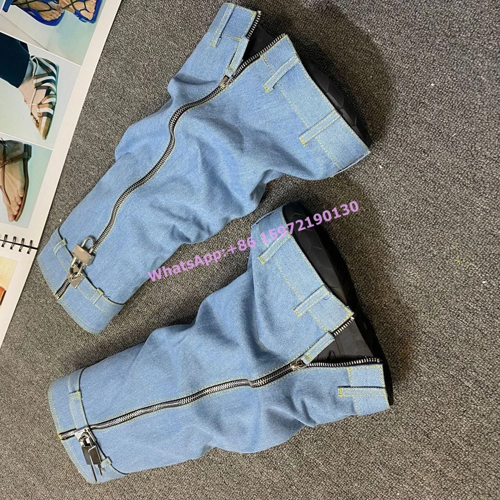 Denim Blue Metal Lock Shark Boots Thick Soled Side Zipper Round Toe Turned-Over Edge Solid Shoes Hotties Fashion Runway Shoes