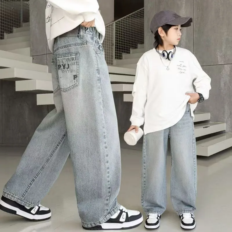 Herbst Kinder Jeans UNITIM 4-14 Jahre Jungen Denim-Hosen mit Schriftzetteltasche Lose Elastische Taille Junior Jungen Gerade Hosen Teenager Jungen Hose – Detail 2