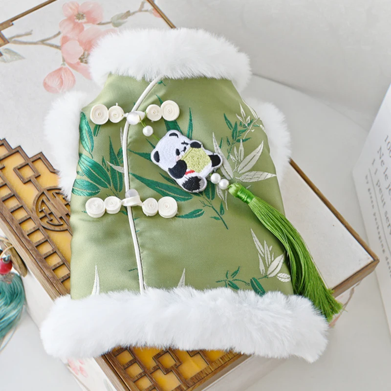 

Костюм для собак в китайском стиле на Новый год: хлопковая куртка с бамбуковым принтом, пандой, бахромой и подвеской для тедди, бишон фризе, на зиму