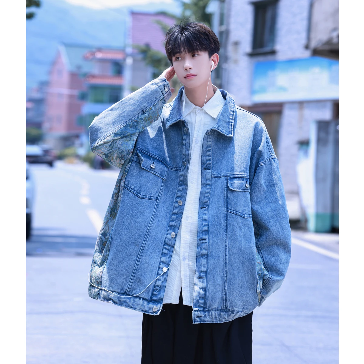 

Street Sle Japanese Denim Jaet for Men Autumn Season Youthful Energy Starry Pattern Long Sve Casual Outerwear