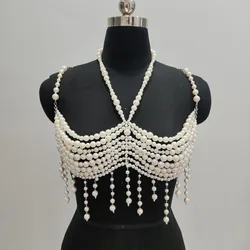 Handmade Bridal Body Chain Bikini Jewelry Mermaid Bra Top Body Harness Pearl Bralette