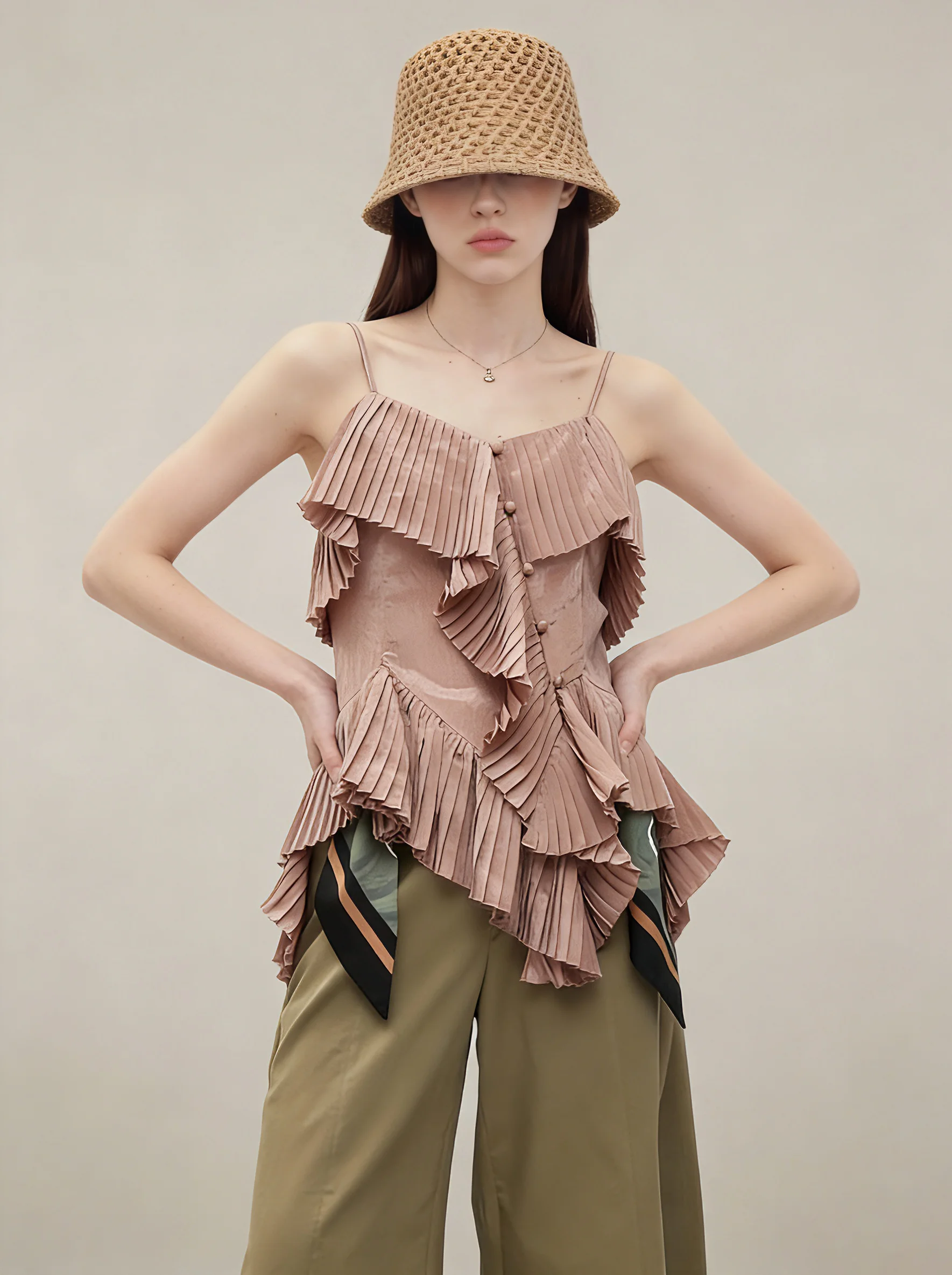 

Unique Beautiful Pink Asymmetrical Lace Trim Strap Pants Set Spring Fashion Casual High Waist Loose Fit Two Piece Women's Ens...