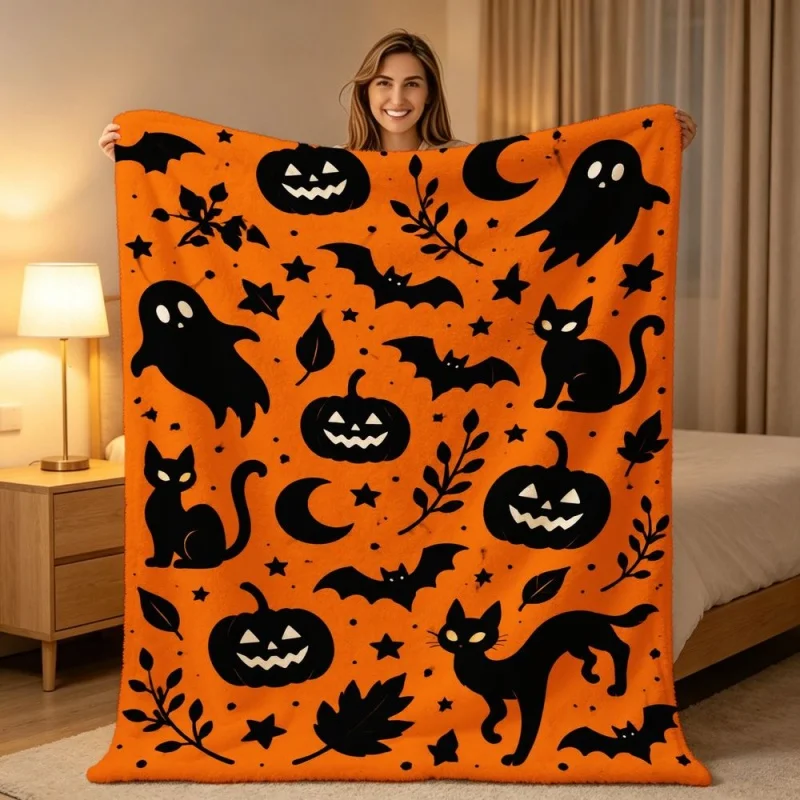 Orange Halloween Silhouette Throw Blanket, Pumpkin Bat Black Cat Moon Printed Soft Flannel Blanket for Holiday Decor