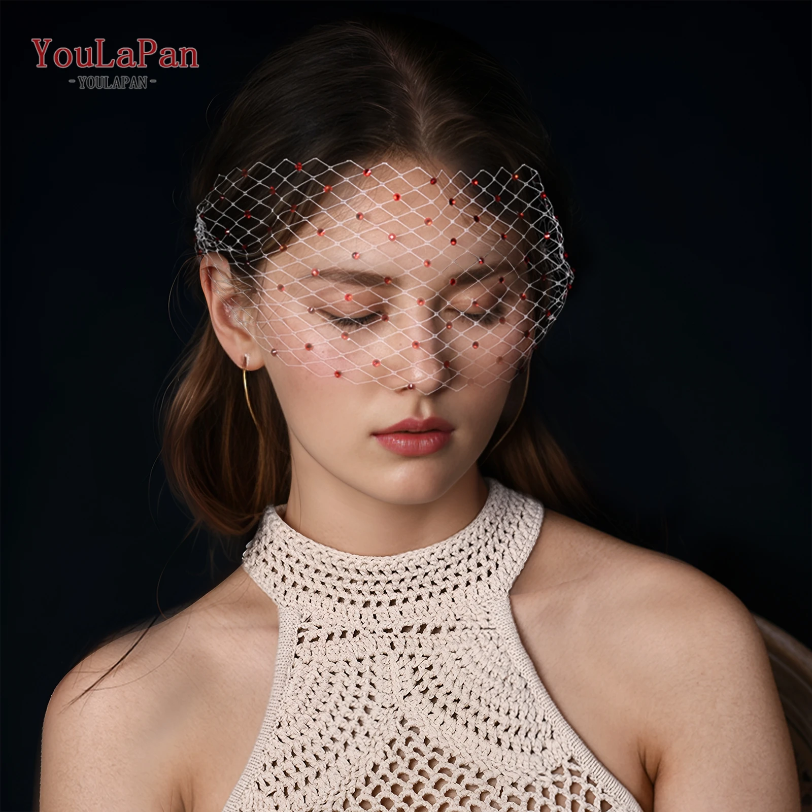 TOPQUEEN Red Rhinestones Decorated White Net Gauze Birdcage Veil Bridal Veil Wedding Accessories Ladies Show Props novia MA38