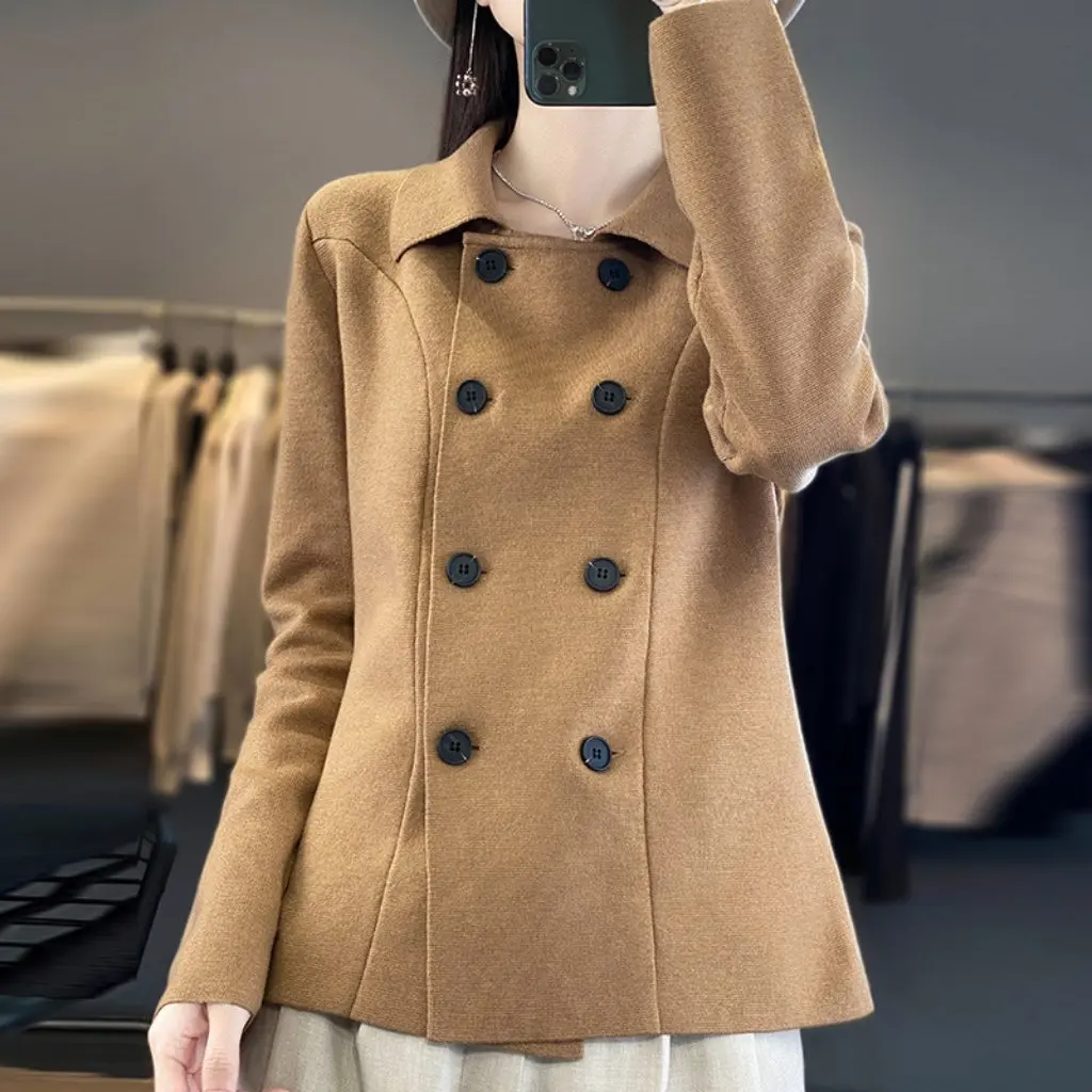 

Женский вязаный кардиган из смесовой шерсти, двубортный топ с короткими лацканами, осенне-зимний модный топ