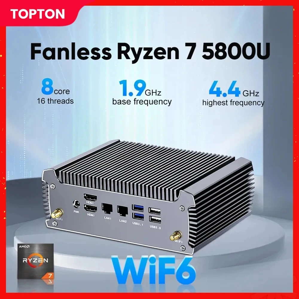 

Topton Fanless Gaming PC AMD Ryzen 7 7730U 5800U Barebone PC Mini Computer 4K Dual HD Windows11 HTPC Firewall Router WiFi6 BT5.2