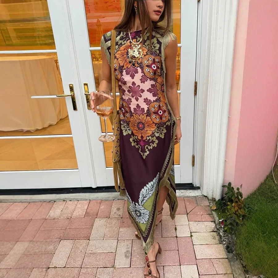 Flapper Fringed Print Satin Sleeveless Spring Summer Dresses, Casual Holiday Jumpsuit Playsuit Overall Matching Set