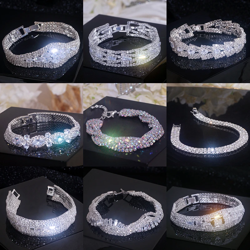 Luxury Classic Full of Rhinestones Silver Color Bracelets For Women Sparkling Simple Zircon Bracelets Wedding Party Jewelry