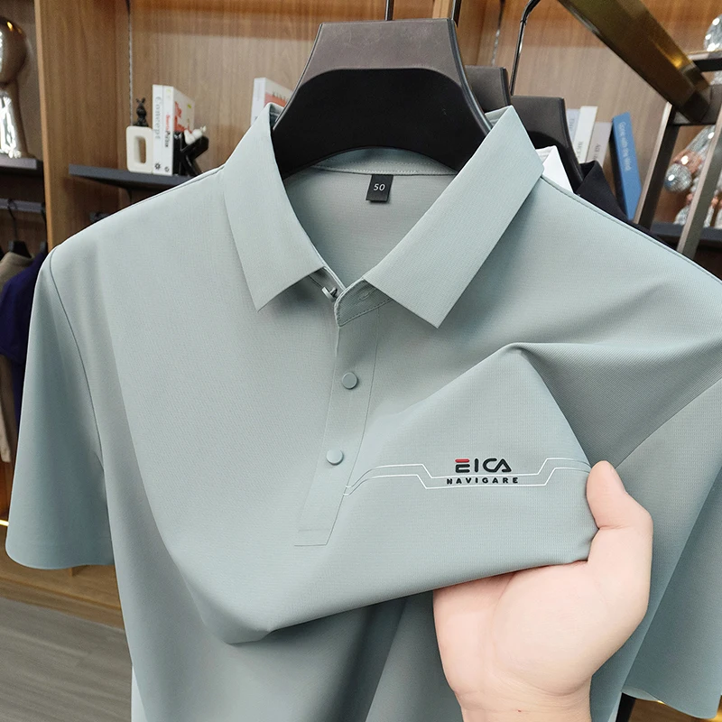 Luxury brand ice silk short sleeve men polo shirt summer new fashion letter embossed business casual high-end breathable T-shirt