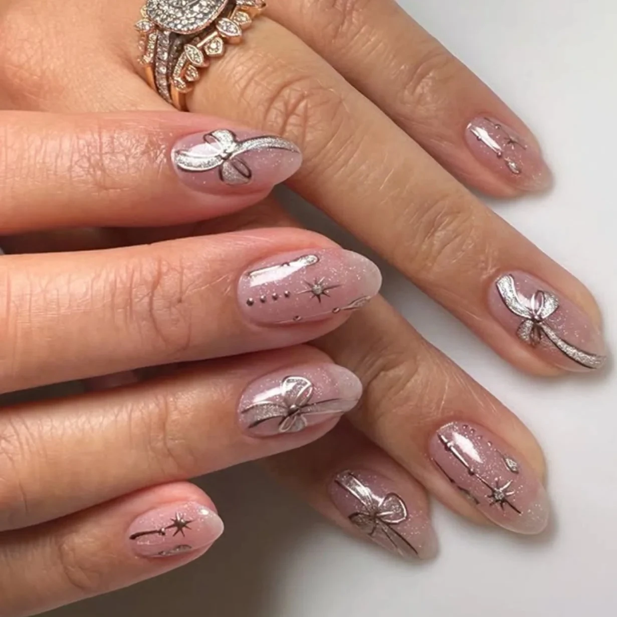 

Bowknot Ribbon Star Glitter Powder Alloy Almond Fake Nails Art Long Pointed False Nails Rhinestones Press on Nails Manicure Tool