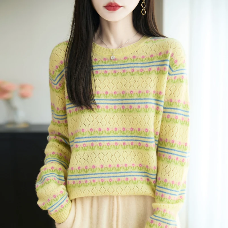 

Cashmere Embroidery Pullover Sweater Women's 2025 Autumn/Winter Casual Knit Loose Round Neck Ladies Top Thicken 100% Wool Blouse