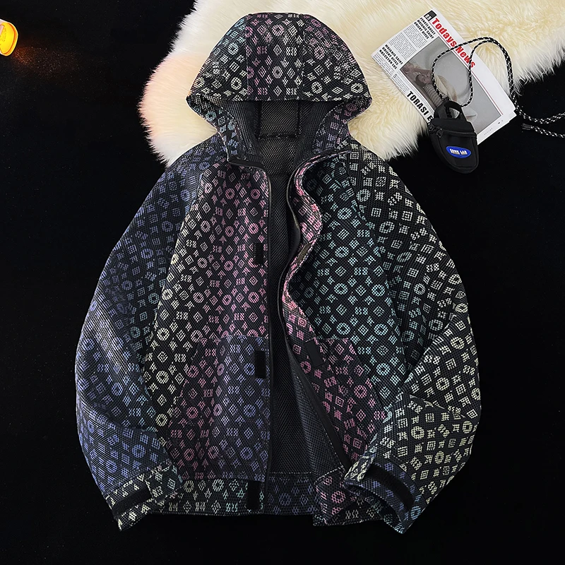 

Cool Full Print Jacket Men Breathable Loose Sun Protection Clothing Hip Hop Style Hooded Zip Jackets Black Coat Y2k Jacket