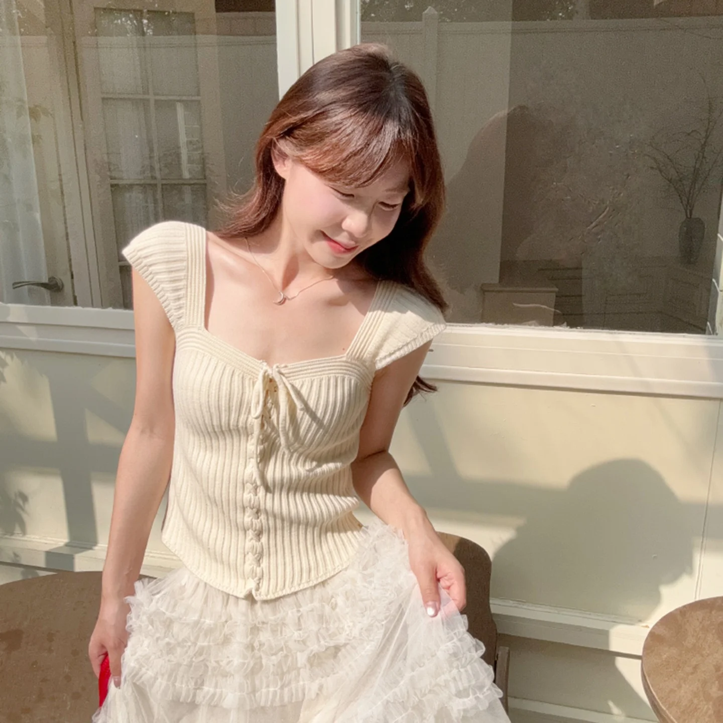 

Cherry Blossom Pink Square Collar ort Sve Knitted Top Women's Summer Faion Design Belted Knot Slimming Sli...