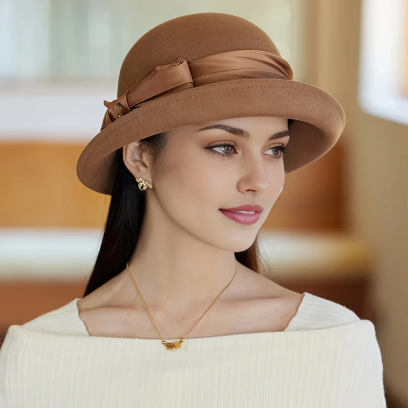 Women'S French Style Autumn Winter Bucket Hat with Bow Detail Elegant Vintage-Inspired Fisherman Caps for Special Occasions