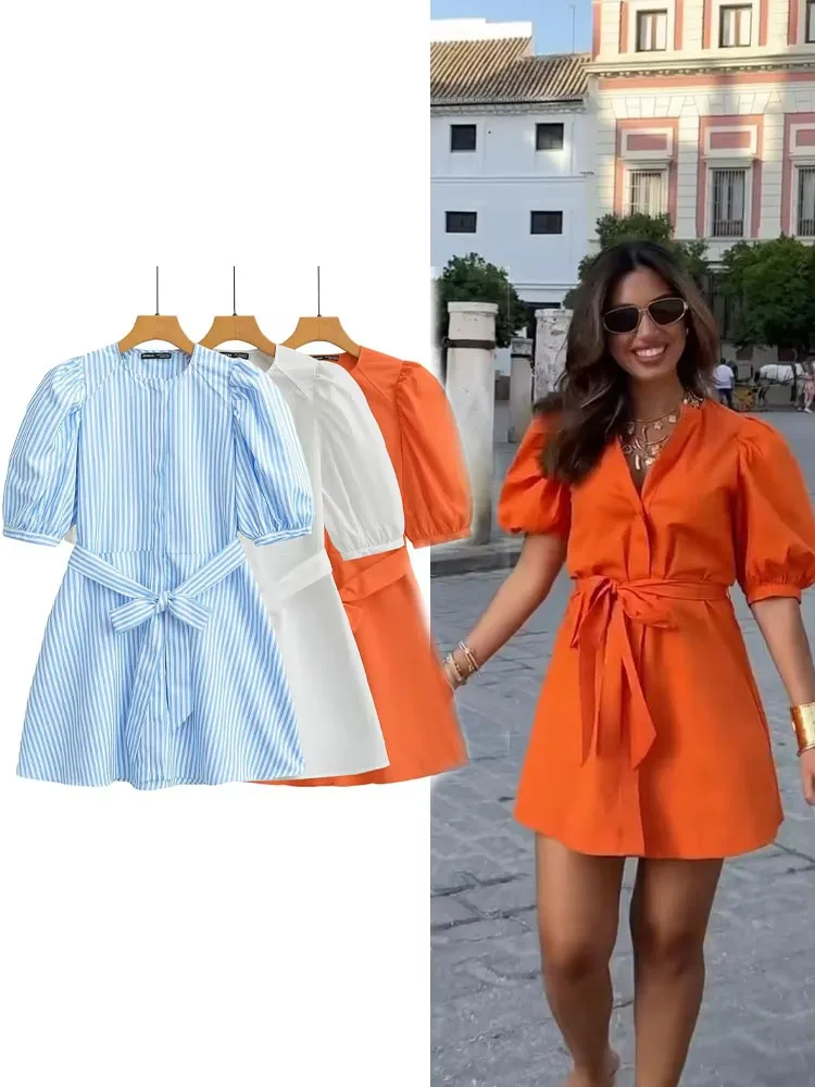 Female Casual Loose Mini Dress Solid Orange O-Neck Puff Sleeve With Bow Belt Dress 2024 Summer Trendy Mujer Vestidos