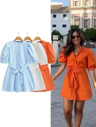 Female Casual Loose Mini Dress Solid Orange O-Neck Puff Sleeve With Bow Belt Dress 2024 Summer Trendy Mujer Vestidos