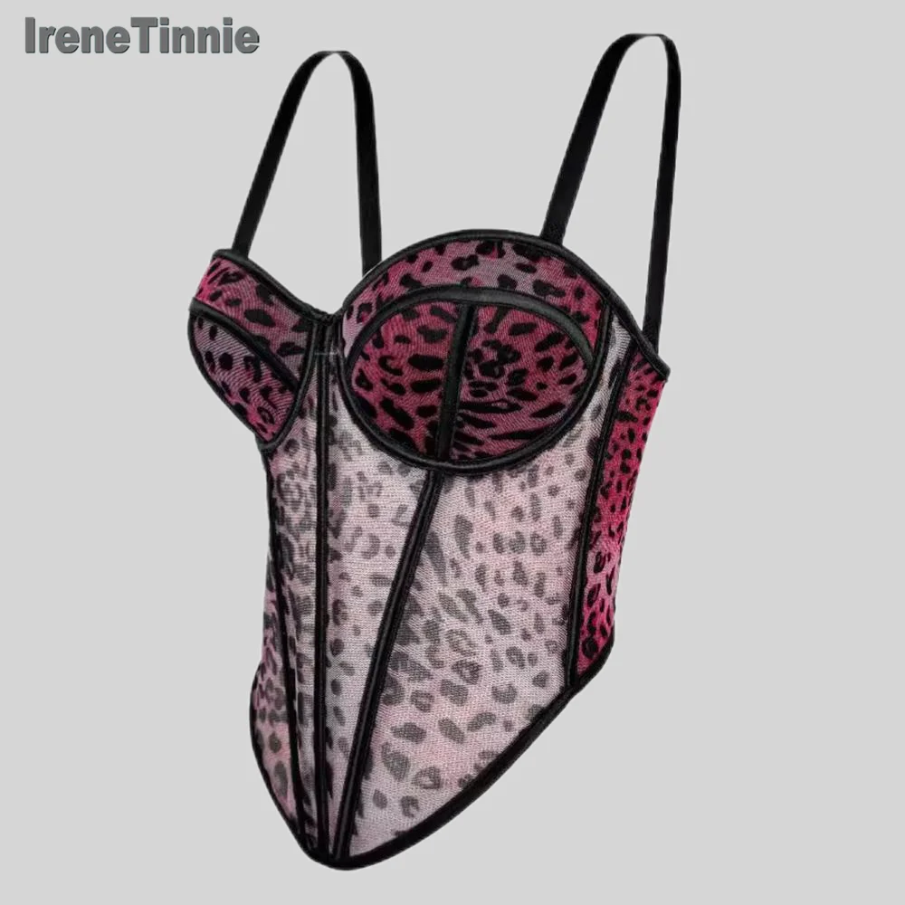 

IRENE TINNIE Sexy Irregular Push Up Boned Corset Y2k Crop Tops Ladies Bustier Bra Vest Tank Top Women Leopard Corsets Streetwear