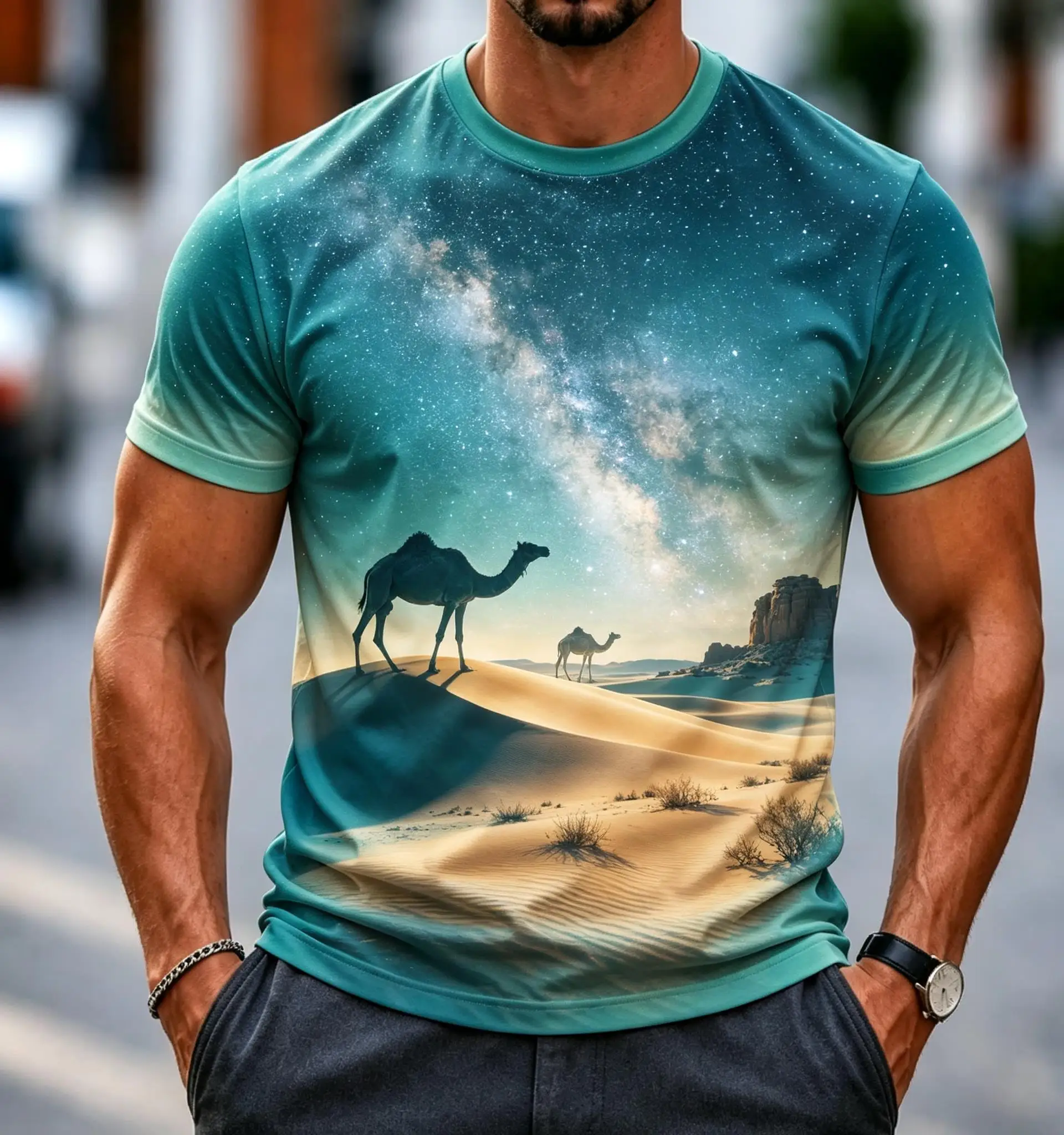 Men's 3D Desert Camel Starry Sky Print T Shirt, Milky Way Dune Landscape Casual Round Neck Short Sleeve Tops