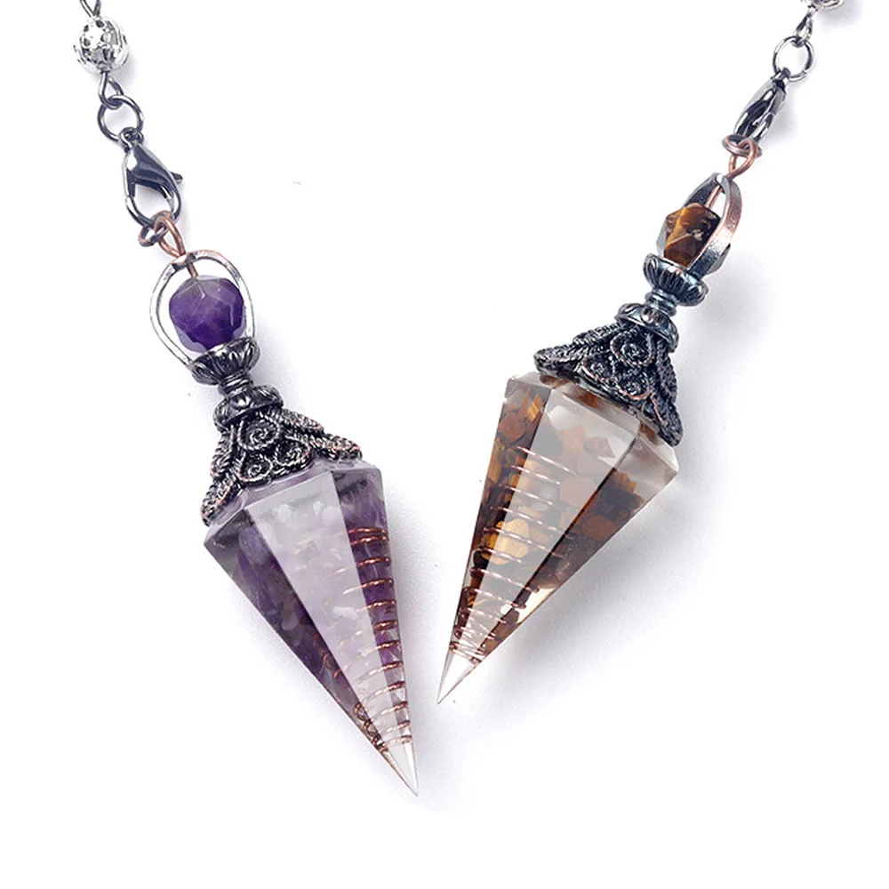 Natural Stone Crystal Pendulum Necklaces Hexagonal Cone Crushed Stone Amethysts Rose Quartz Chakra Pendant Jewelry Accessories