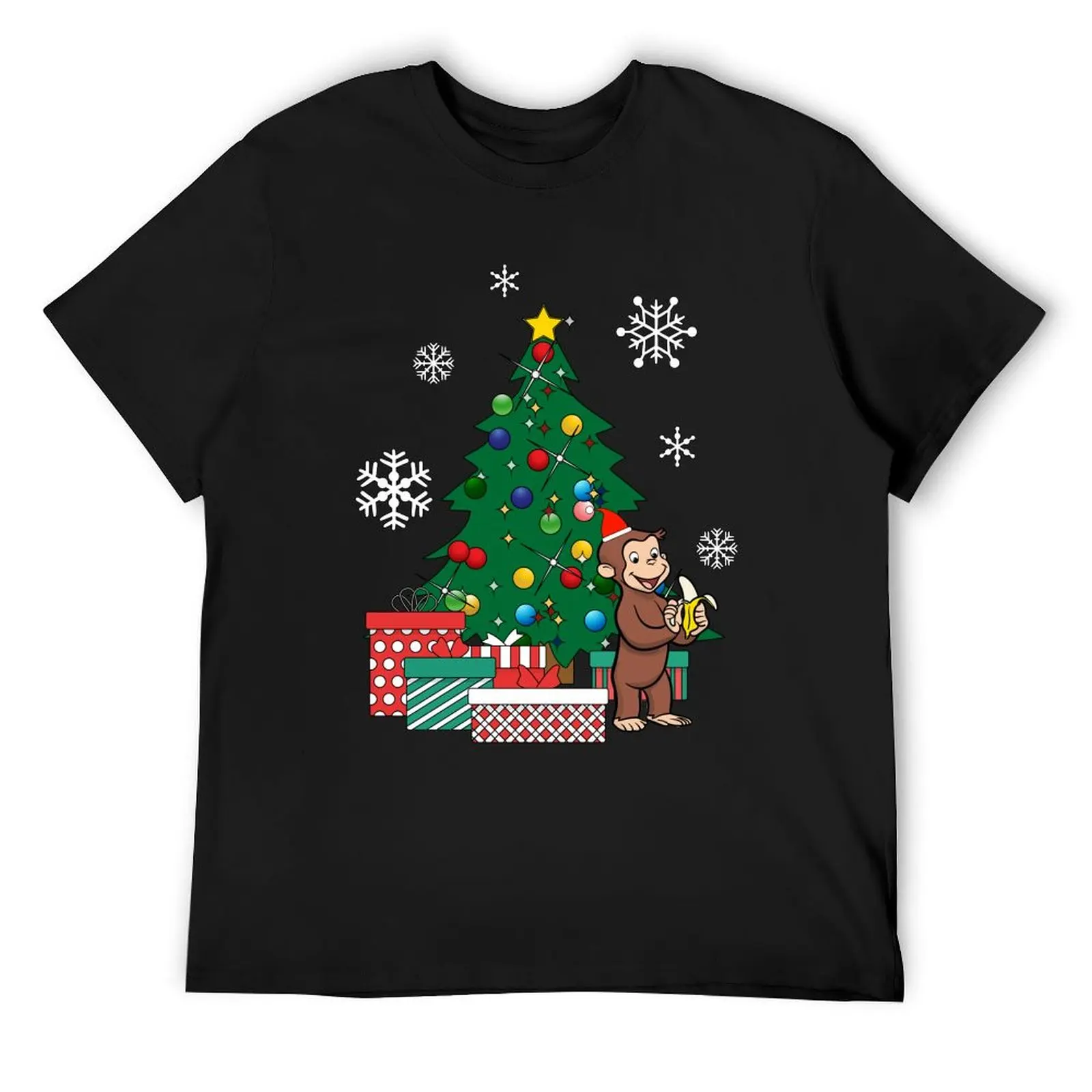 Curious George Around The Christmas Tree T-Shirt korean fashion summer clothes blue archive vintage t shirt for men