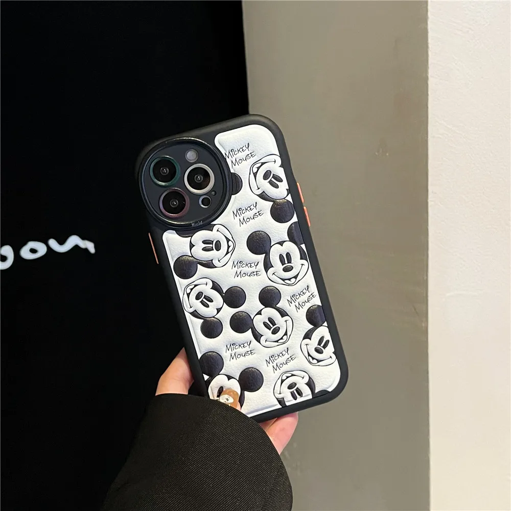 

Mickey Mouse Leather Disney Cover for iPhone 156roMax 11 12 13 14 15 16 Pro Max Plus 3D Embossing 15Pro Phone Case Funda