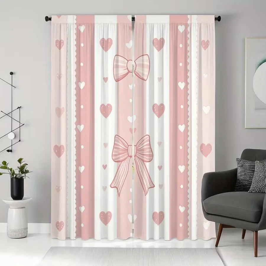 2 PCS Pink White Bow Curtains, Sweet Lolita Style Window Drapes for Living Room Bedroom Home Decor Polyester Rod Pocket Design