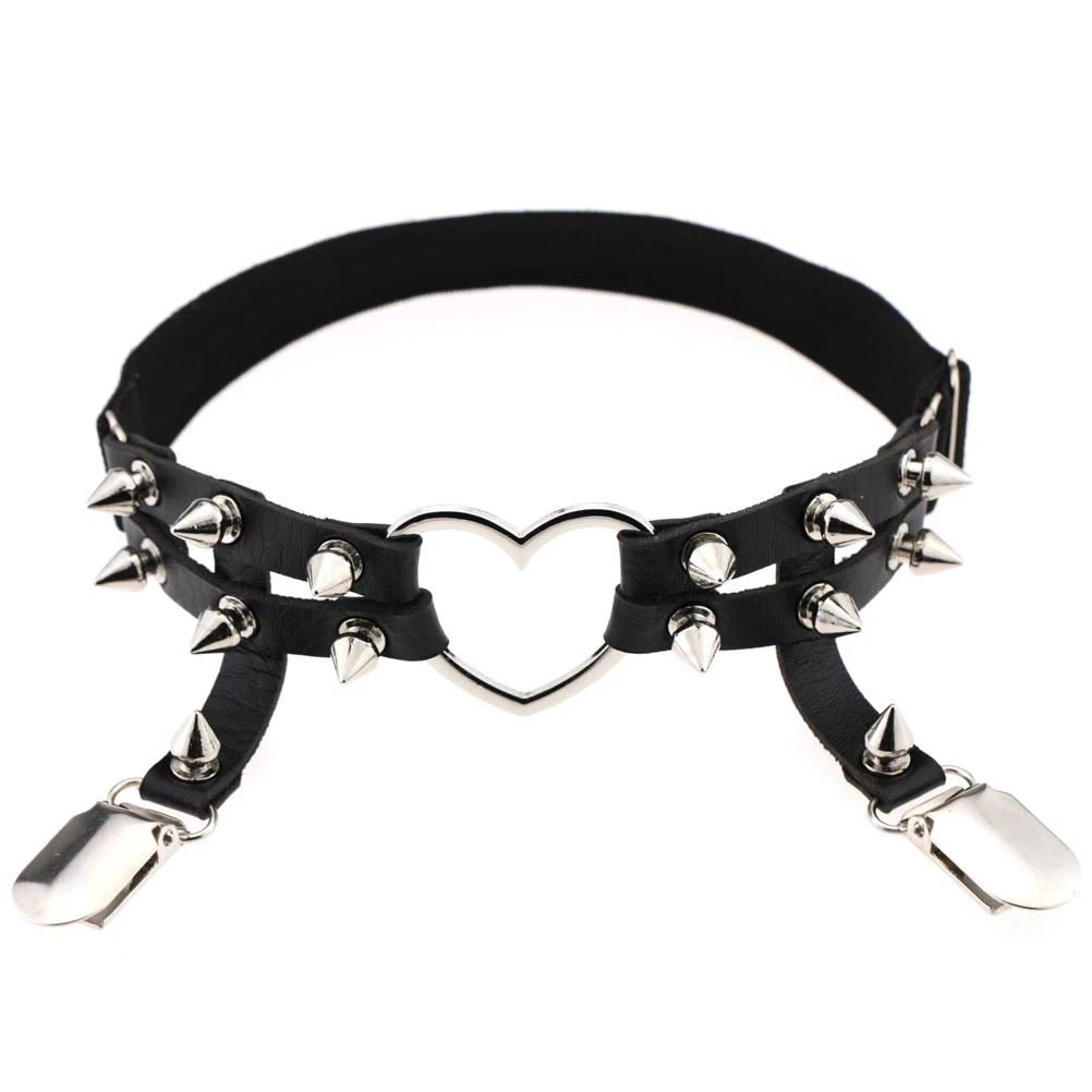 Women Girl Sexy PU Heart Garters Punk Rock Rivet Stud Leg Ring