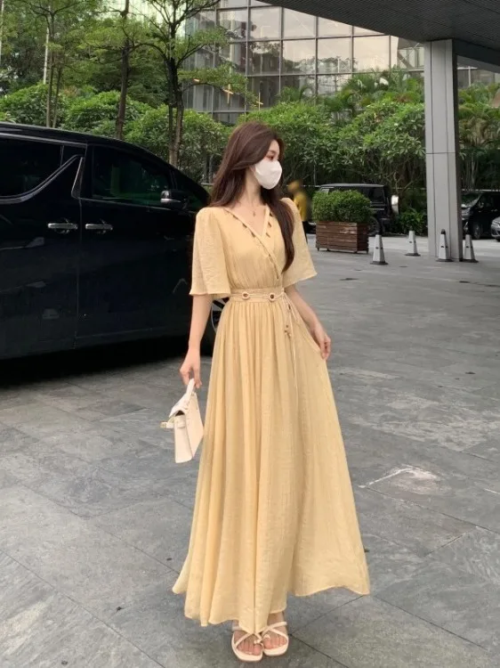 

Новая летняя женская юбка больших размеров с V-образным вырезом, пышными рукавами, завышенной талией, в корейском стиле, А-силуэт