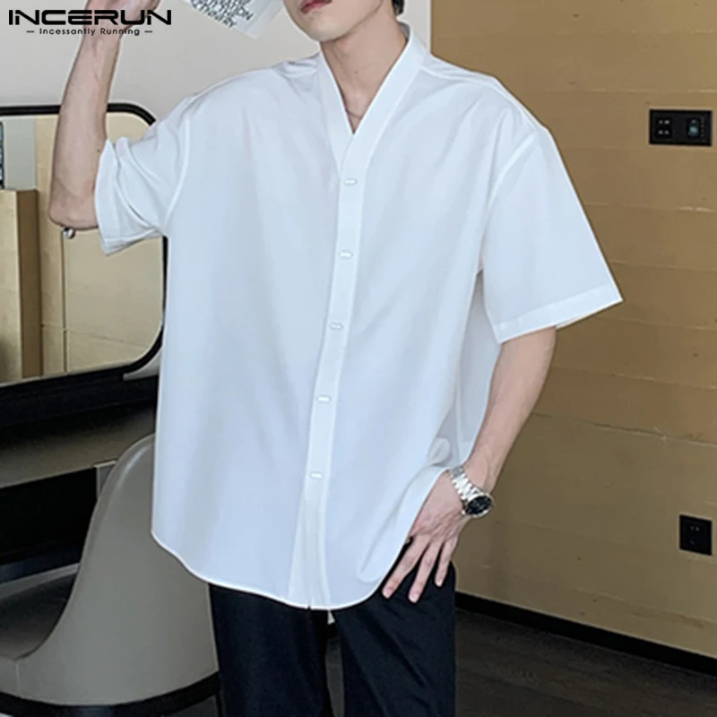 2024 Men Shirt Solid Color V Neck Short Sleeve Summer Fashion Casual Men Clothing Streetwear Leisure Male Shirts S-5XL INCERUN