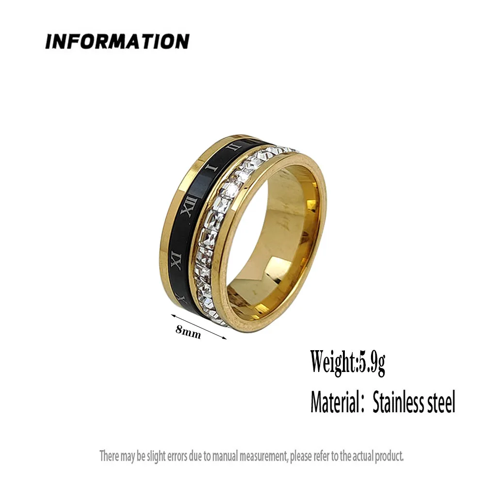 Stylish and Charming Stainless Steel Gold-plated Men's Ring, Simple Roman Numeral Zircon Women's Ring, Wedding Party Jewelry