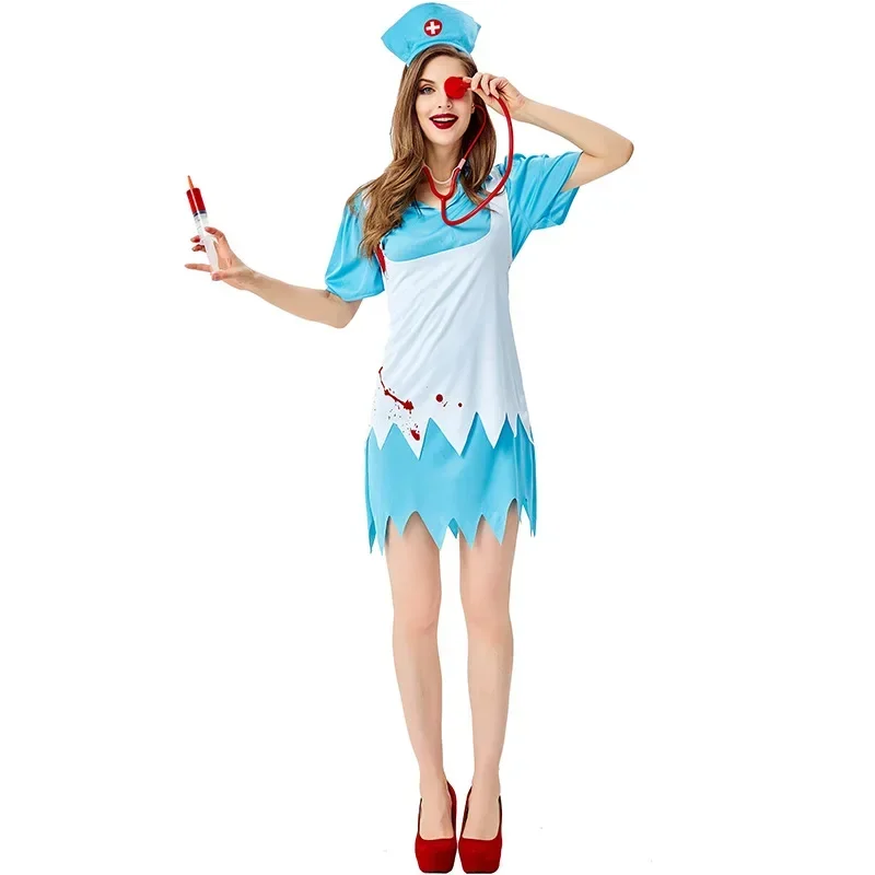 Scary Bloody Nurse Costume Cosplay For Adult Halloween Costume For Women Carnival Party Dress Up Suit