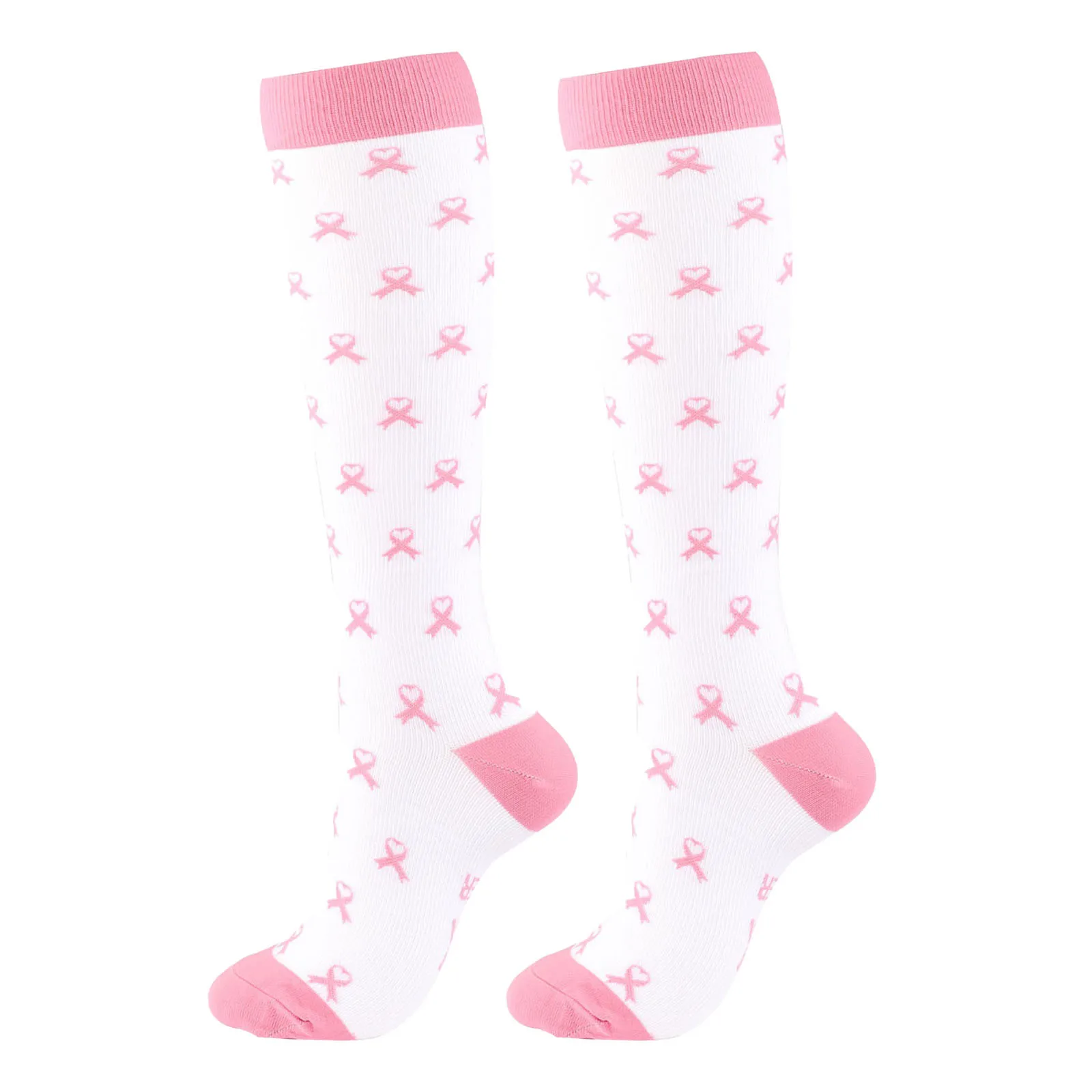 Pink Ribbon Print Sports Running Compression Socks For Women Breast Cancer Awareness Cotton Warm Stocking Knee High Long Socks