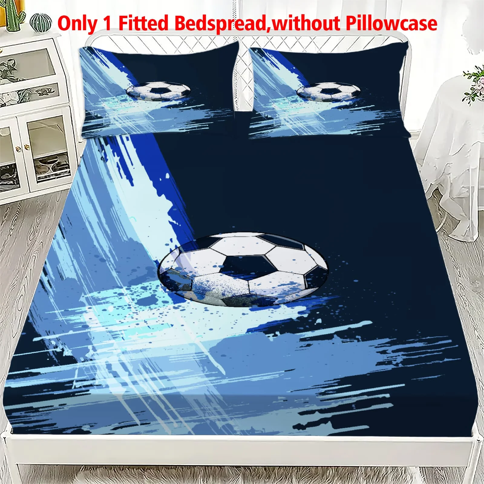 1pc Soccer Ball with Blue Brush Strokes Fitted Sheet Deep Pocket Elastic Mattress Cover Single Double Queen King Bedroom Decor