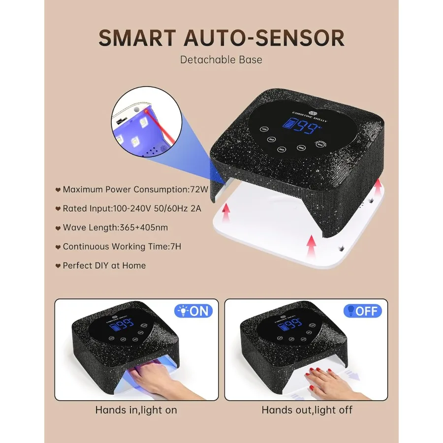 UV LED-nagellamp 72 W oplaadbare sprankelende draadloze nageldroger gellaklicht met 5 timerinstellingen Professioneel sneldrogend Curi